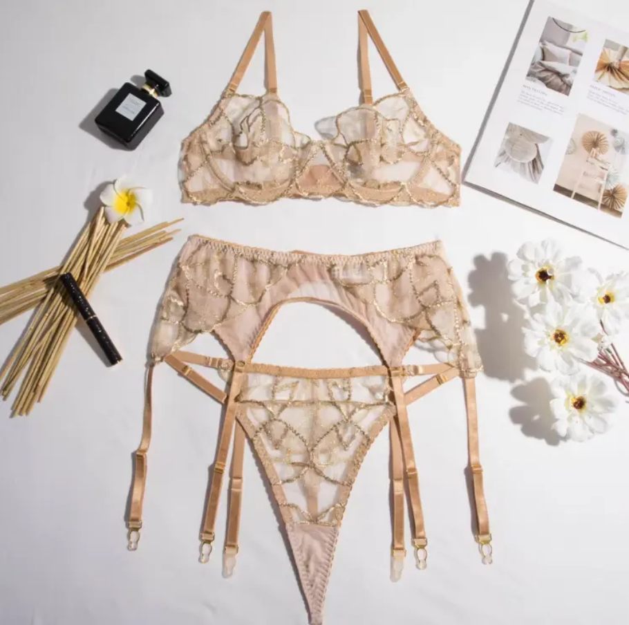 Exotic Lace Sequin Doll Embroidery Garter Belt Lingerie